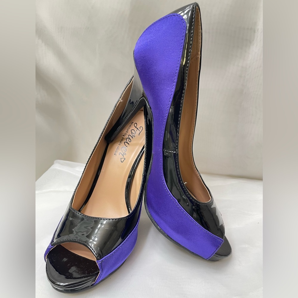 🌹SOLD🌹 Y2K Purple Satin/Black Patent Leather Platform Stiletto Size 8